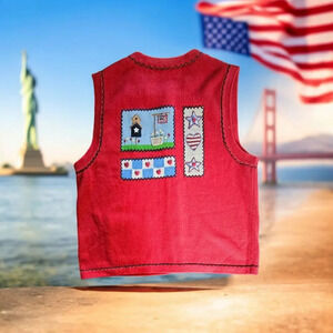 Vtg Marisa Christina Red Sweater Vest Novelty M Americana Independence Veterans